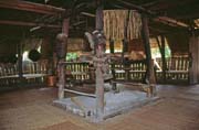Inside of the longhouse - fire place is in the middle. Cultural village near Kuching. Malaysia.