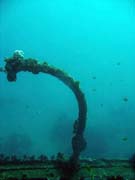 Wrack of steel Dutch merchant ship, sunk in 1942. Diving around Bunaken island, Molas Wreck dive site. Indonesia.