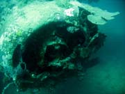 Diving around Togian islands, Kadidiri, plane wreck B24 from the 2nd World War sunken on Mai 3rd, 1945. Sulawesi,  Indonesia.