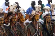 Men from nomadic Wodaab tribe (also called Bororo) before Yaake dance. Cure Sale (Salt cure) festival at In-Gall town. Niger.