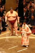 Sumo wrestler is throwing salt - ritual lasted over 1000 years. Tokyo. Japan.
