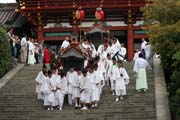 Tsurugaoka Hachiman-gu Shrine Reitaisai (Annual Festival) - three mikoshi (portable shrine) and other things, for example Jinme (sacred horses), Nishiki hata (flags), Hoko (float) and Tachi (sword) are carried in Shinko Sai (parade of Mikoshi). Kamakura. Japan.