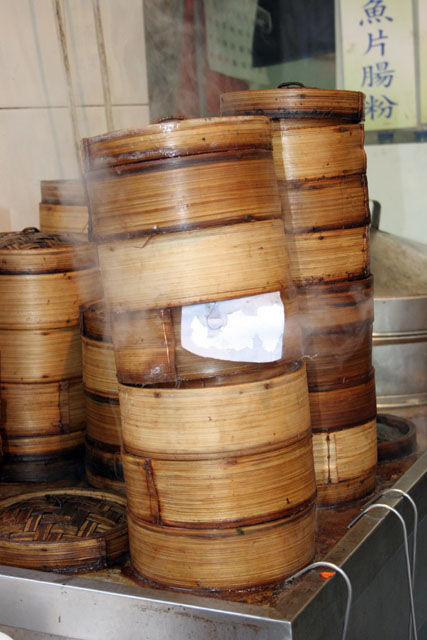 Bamboo dishes used for making food at steam. Hong Kong.