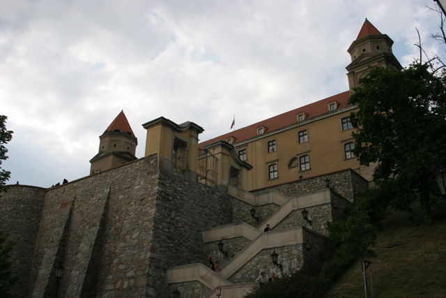 Bratislava Castle from 13th century is massive rectangular building with four corner towers. The Castle is located on the top of the hill of the Little Carpathians directly above the Danube river in the middle of Bratislava. Slovakia.